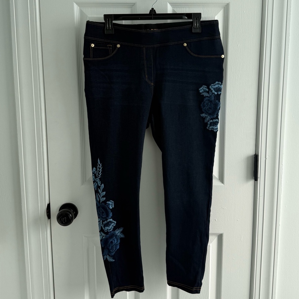 Women's Dark Blue Jeans with Floral Embroidery